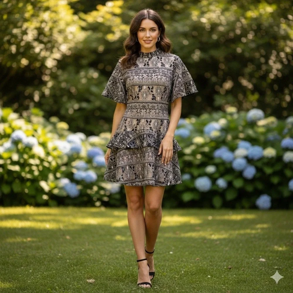 Elliatt | Dresses | Elliatt Floral Embroidered Tiered Mini Dress Mock Neck  Flutter Sleeve Black Med | Poshmark